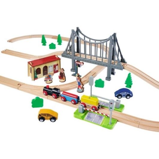 Juego de vías con puente Eichhorn de madera 55 piezas