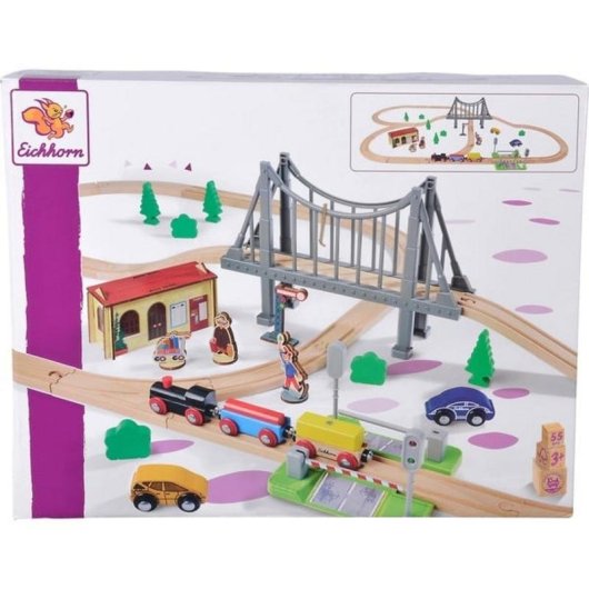 Juego de vías con puente Eichhorn de madera 55 piezas
