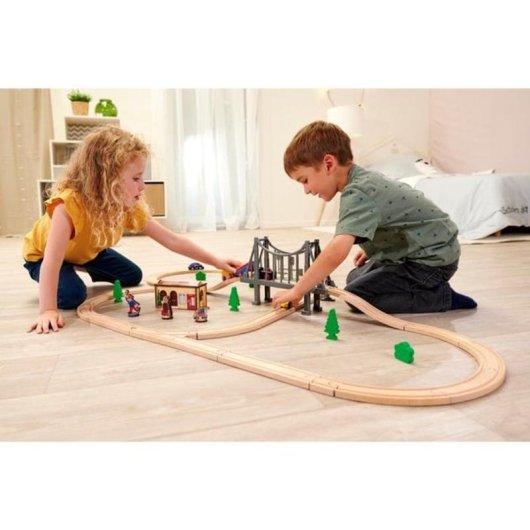 Juego de vías con puente Eichhorn de madera 55 piezas