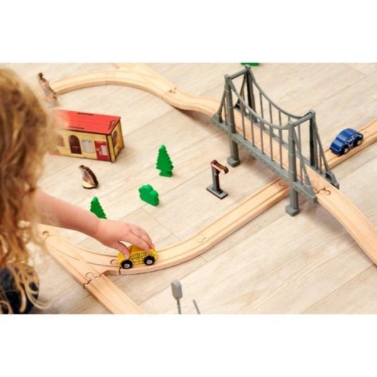 Juego de vías con puente Eichhorn de madera 55 piezas