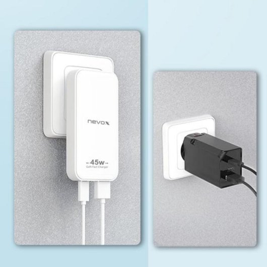Cargador Nevox USB-C GaN 45W Dual Slim con PD y QC3.0