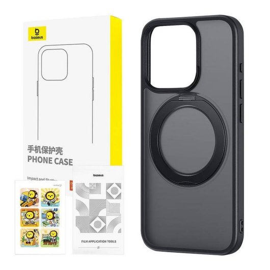 Capa Baseus SkyRing 360° com suporte e vidro temperado preta para iPhone 15