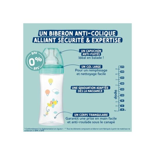 Babyflasche Dodie Mathilde Cabanas 330 ml Flacher Sauger Antikolik Stufe 3