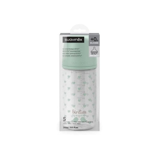 Biberon En Verre Suavinex Birdies 240 Ml Avec Tétine Sx Pro S Débit Lent, Vert