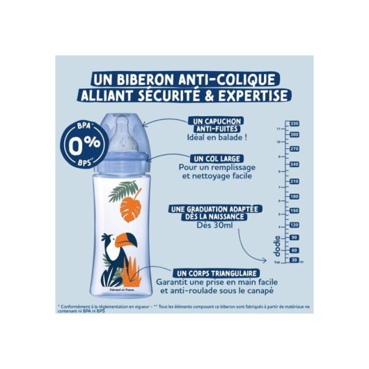 Biberon Anti-colique Dodie 330 Ml Vert, Tétine Ronde 3 Vitesses, Dès 6 Mois