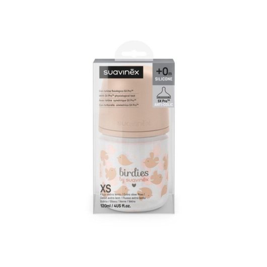Biberon En Verre Suavinex Birdies 120 Ml Rose Avec Tétine Sx Pro Xs Extra-lente