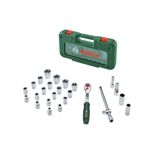 Juego Carraca 1/2" Bosch 26 Piezas 1600a039j7 Con Vasos, Extensiones Y Juntas. Mecanismo 72 Dientes, Ángulo 5°, Hasta 768 Nm, Compatible Iso 3315 E Iso 1174