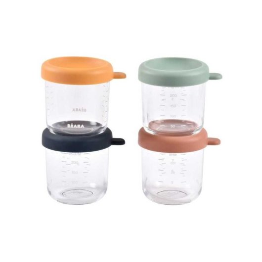 Beaba Sunrise Color Mix Tarros De Vidrio Para Comida Infantil, Pack De 4 X 250 Ml, Tapa Hermética Suave, Graduados Ml/oz, Apilables, Aptos Para Congelar Y Esterilizar