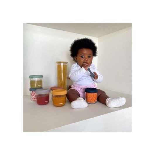 Beaba Sunrise Color Mix Tarros De Vidrio Para Comida Infantil, Pack De 4 X 250 Ml, Tapa Hermética Suave, Graduados Ml/oz, Apilables, Aptos Para Congelar Y Esterilizar