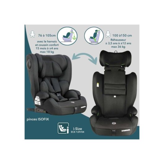 Siège Auto Enfant Bambisol Ay575n I-size Isofix Noir, 76 À 150 Cm, Harnais 5 Points, Top Tether, Tête Réglable