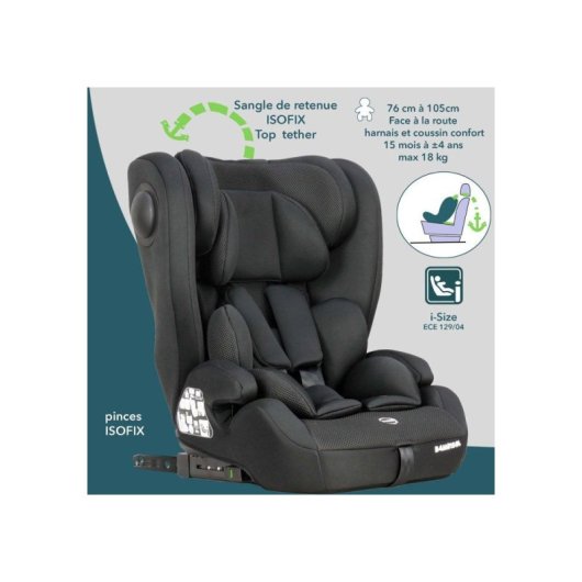 Siège Auto Enfant Bambisol Ay575n I-size Isofix Noir, 76 À 150 Cm, Harnais 5 Points, Top Tether, Tête Réglable