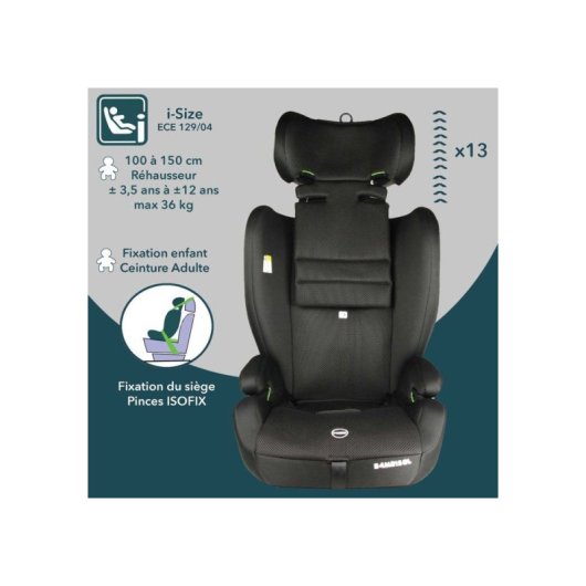 Siège Auto Enfant Bambisol Ay575n I-size Isofix Noir, 76 À 150 Cm, Harnais 5 Points, Top Tether, Tête Réglable