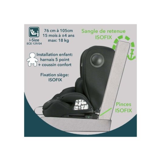 Siège Auto Enfant Bambisol Ay575n I-size Isofix Noir, 76 À 150 Cm, Harnais 5 Points, Top Tether, Tête Réglable