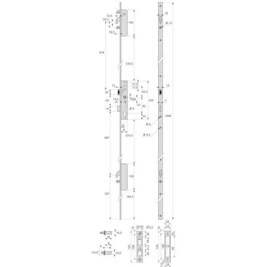 Serrure multipoints Stremler Assa Abloy TF3 3 points inox 1860 mm
