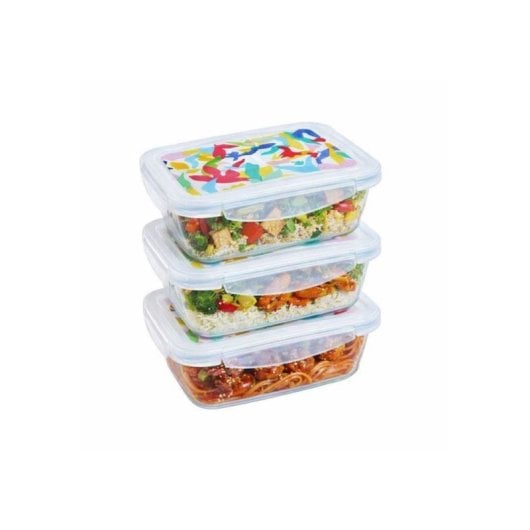 Set De 3 Fiambreras Rectangulares Pyrex De Vidrio Borosilicato 0,80 L Con Tapas Herméticas Multicolor