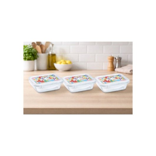 Set De 3 Fiambreras Rectangulares Pyrex De Vidrio Borosilicato 0,80 L Con Tapas Herméticas Multicolor