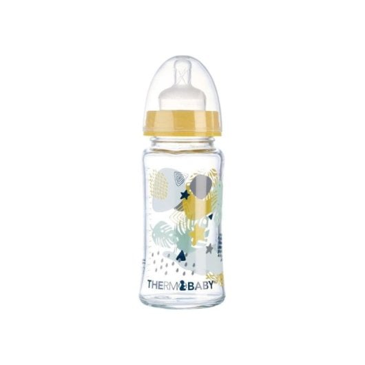 Thermobaby Emotion Biberón De Cristal 230 Ml Cuello Ancho Con Tetina Silicona Flujo Medio (m) Redonda, Sistema Anti-cólico, Sin Bpa, Apto 0-24 Meses, Tapa Protectora