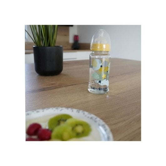 Thermobaby Emotion Biberón De Cristal 230 Ml Cuello Ancho Con Tetina Silicona Flujo Medio (m) Redonda, Sistema Anti-cólico, Sin Bpa, Apto 0-24 Meses, Tapa Protectora