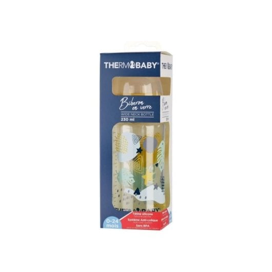 Thermobaby Emotion Biberón De Cristal 230 Ml Cuello Ancho Con Tetina Silicona Flujo Medio (m) Redonda, Sistema Anti-cólico, Sin Bpa, Apto 0-24 Meses, Tapa Protectora