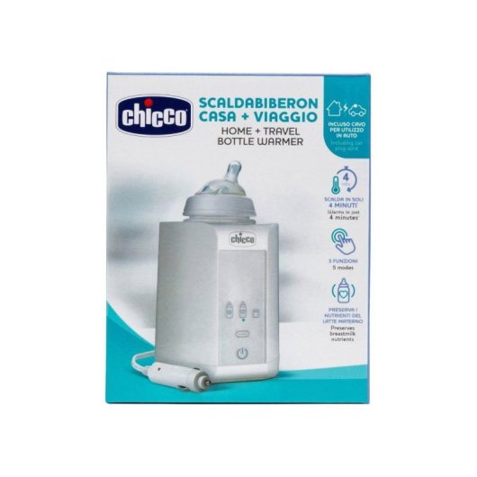 Chicco Calienta Biberones Digital Home & Travel Portátil Con Enchufe De Coche, 4 Minutos, 3 Programas, Función Mantener Caliente Y Apagado Automático