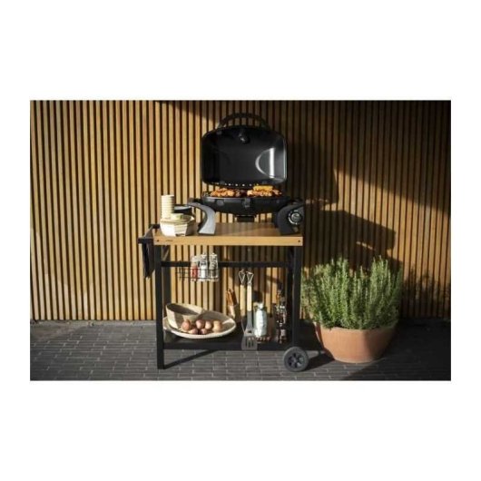 Carro Para Plancha Livoo Gs131 Negro Y Madera Con Mesa 85 X 50 Cm, Estructura Metálica, Portabotellas, Ganchos Y 2 Ruedas Para 2, 3 O 4 Quemadores
