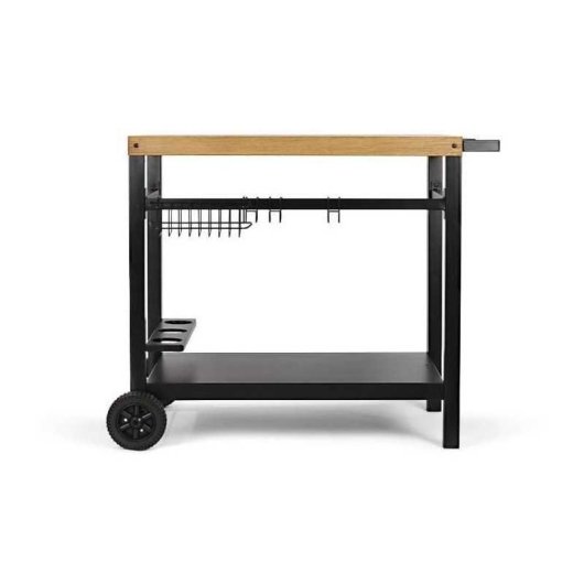 Carro Para Plancha Livoo Gs131 Negro Y Madera Con Mesa 85 X 50 Cm, Estructura Metálica, Portabotellas, Ganchos Y 2 Ruedas Para 2, 3 O 4 Quemadores