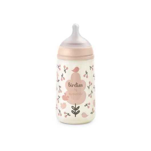 Biberon Suavinex Birdies 270 Ml Avec Tétine Sx Pro M, Débit Moyen, Rose