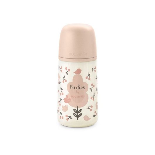 Biberon Suavinex Birdies 270 Ml Avec Tétine Sx Pro M, Débit Moyen, Rose