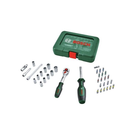 Bosch Juego Carraca 1/4" 37 Piezas Con Vasos Y Puntas, Carraca 72 Dientes, Hasta 93 Nm, Ángulo De Trabajo 5°, Empuñadura Ergonómica Y Estuche