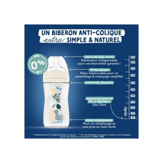 Biberon Anti-colique Dodie Biomimétique 150 Ml, Débit 1, Bleu