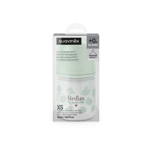 Biberon En Verre Suavinex Birdies 120 Ml Vert Avec Tétine Physiologique Sx Pro Xs, Débit Extra-lent