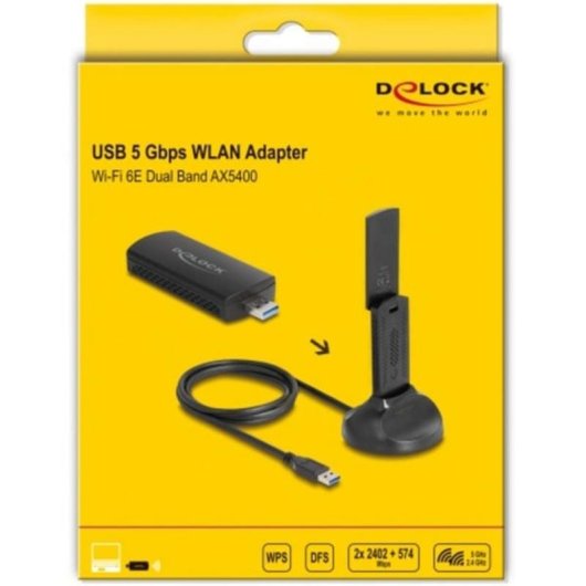Adaptador DeLOCK USB WLAN Wi-Fi 6E AX5400 2402+574 Mbps