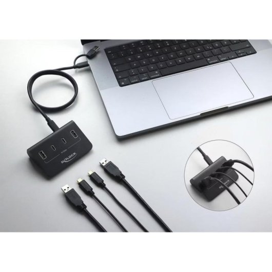 Concentrador USB 10 Gbps Delock 4 puertos Thunderbolt, USB-A y USB-C Negro