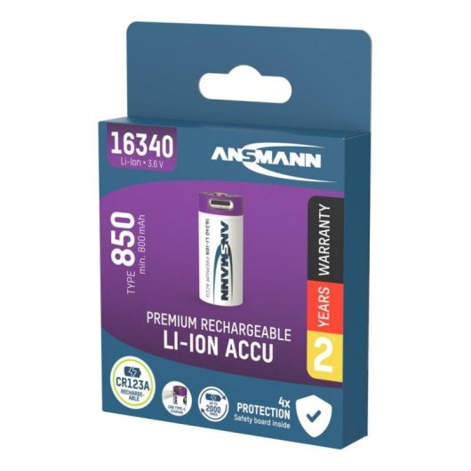 Batería recargable Ansmann 16340 Ion de litio 850 mAh con carga Micro-USB
