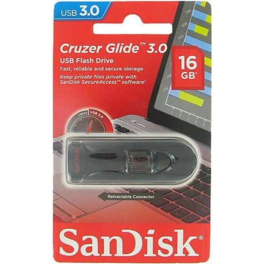 Pen USB SanDisk Cruzer Glide 16GB USB 3.0 retrátil preto e vermelho