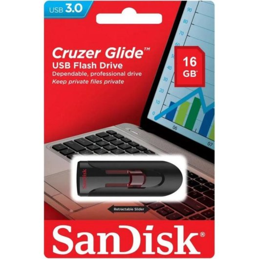 Pen USB SanDisk Cruzer Glide 16GB USB 3.0 retrátil preto e vermelho