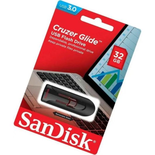Pen USB SanDisk Cruzer Glide 16GB USB 3.0 retrátil preto e vermelho
