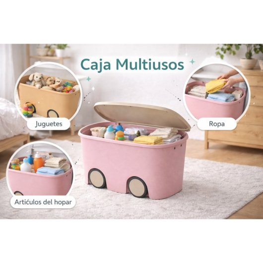 Caja De Almacenamiento De Plástico Con Ruedas Y Tapa | Color Rosa | 45 Litros | Medidas: 58x38x32 Cm