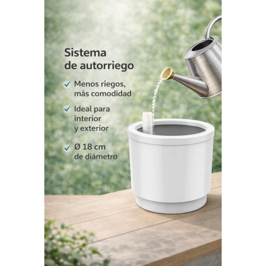 Maceta De Plástico Con Sistema De Autorriego Y Depósito De Agua, Blanco, Ø 18cm, 4 Litros, Alto 17cm