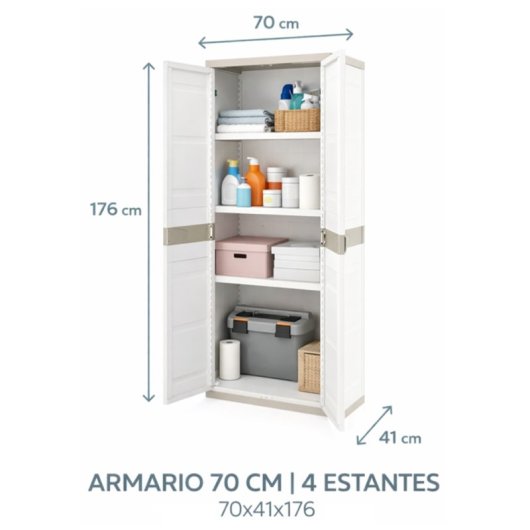 Armario De Plástico, Color Beige, 2 Puertas, 4 Baldas Regulables En Altura | Medidas: 176x70x41 Cm