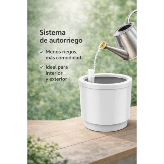 Maceta De Plástico Con Sistema De Autorriego Y Depósito De Agua, Blanco, Ø 22cm, 8 Litros, Alto 21cm