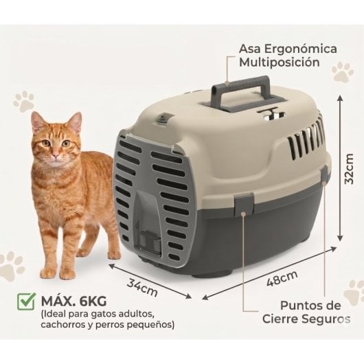 Transportín De Plástico Para Mascotas Con Puerta Y Asa | Color Beige | Medidas 48x34x32cm | Máx. 6kg