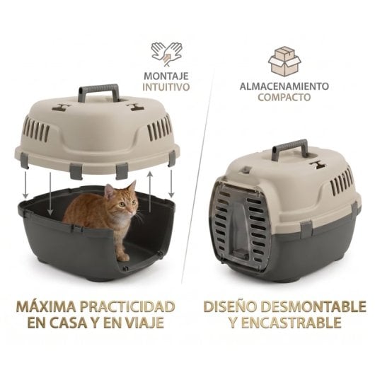 Transportín De Plástico Para Mascotas Con Puerta Y Asa | Color Beige | Medidas 48x34x32cm | Máx. 6kg