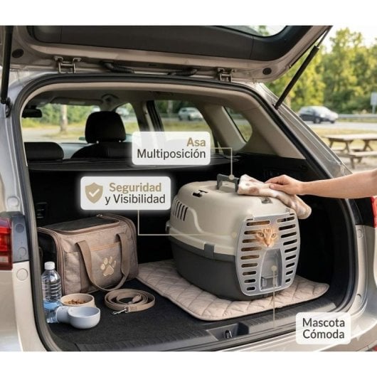 Transportín De Plástico Para Mascotas Con Puerta Y Asa | Color Beige | Medidas 48x34x32cm | Máx. 6kg