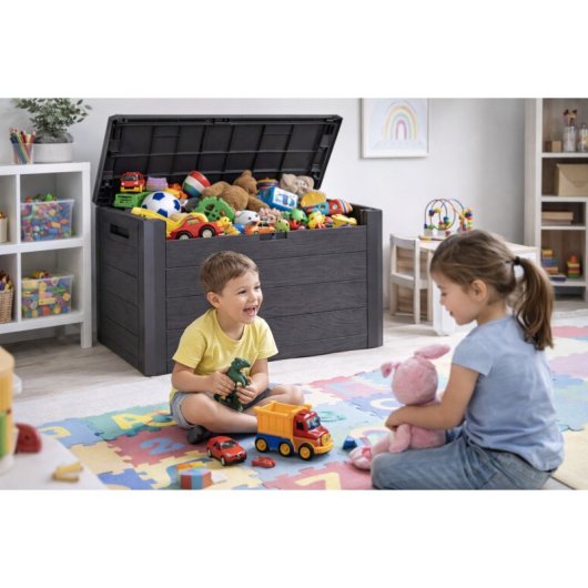 Baúl De Almacenaje De Plástico Marrón Estilo Madera, Tapa Y Dos Asas, 140 L, Medidas: 585x460x550 Mm