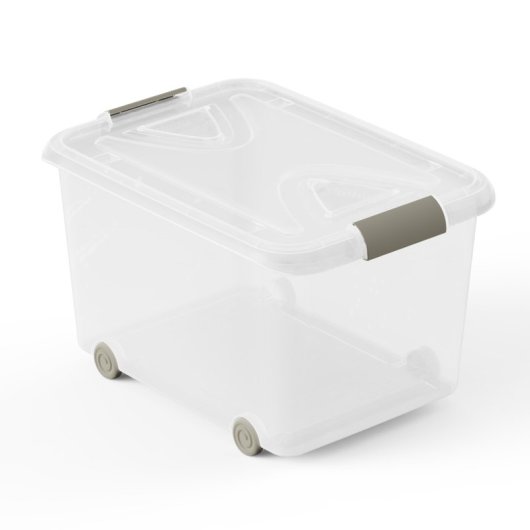 Caja De Almacenaje De Plástico Transparente Con Ruedas Y Tapa, Capacidad 70 L, Medidas: 63x45x38 Cm