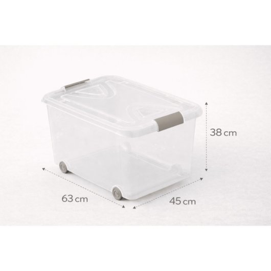 Caja De Almacenaje De Plástico Transparente Con Ruedas Y Tapa, Capacidad 70 L, Medidas: 63x45x38 Cm