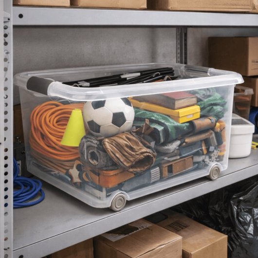 Caja De Almacenaje De Plástico Transparente Con Ruedas Y Tapa, Capacidad 70 L, Medidas: 63x45x38 Cm