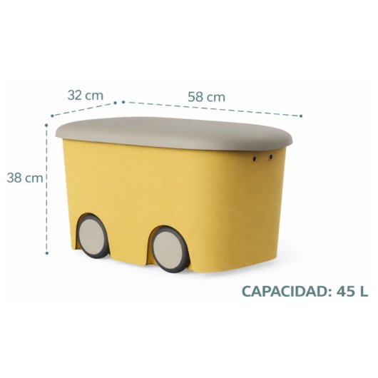 Caja Almacenamiento De Plástico Con Ruedas Y Tapa | Color Amarillo | 45 Litros | Medidas 58x38x32 Cm