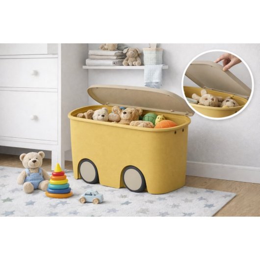 Caja Almacenamiento De Plástico Con Ruedas Y Tapa | Color Amarillo | 45 Litros | Medidas 58x38x32 Cm